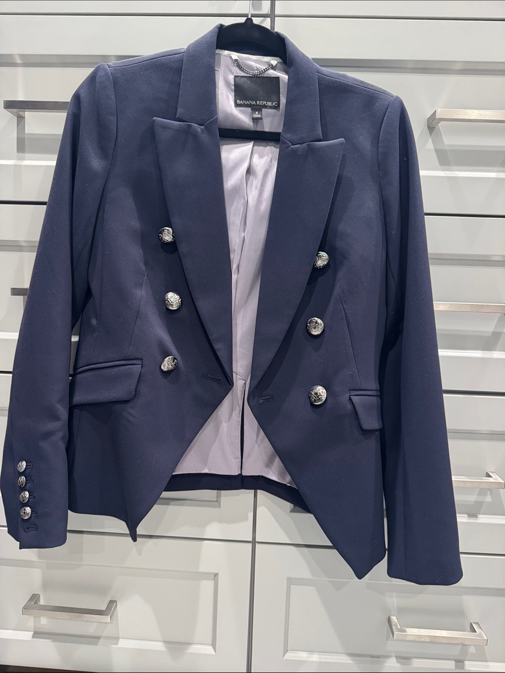 NEW.  Banana Republic Navy Double-Breasted  Blazer with Silver Buttons